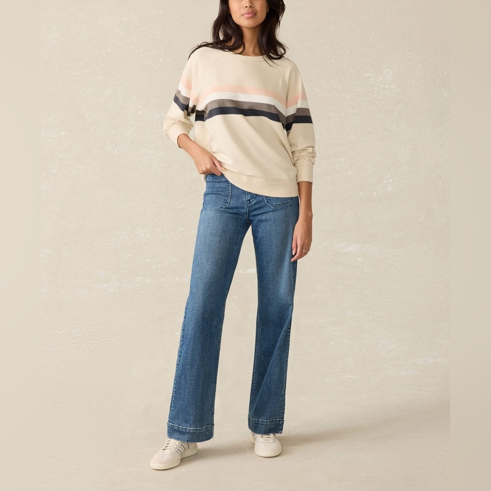 FAHERTY women’s Coastal Cloud Cotton Crew Sweatshirt Sandbar Stripe size small - Picture 2 of 12